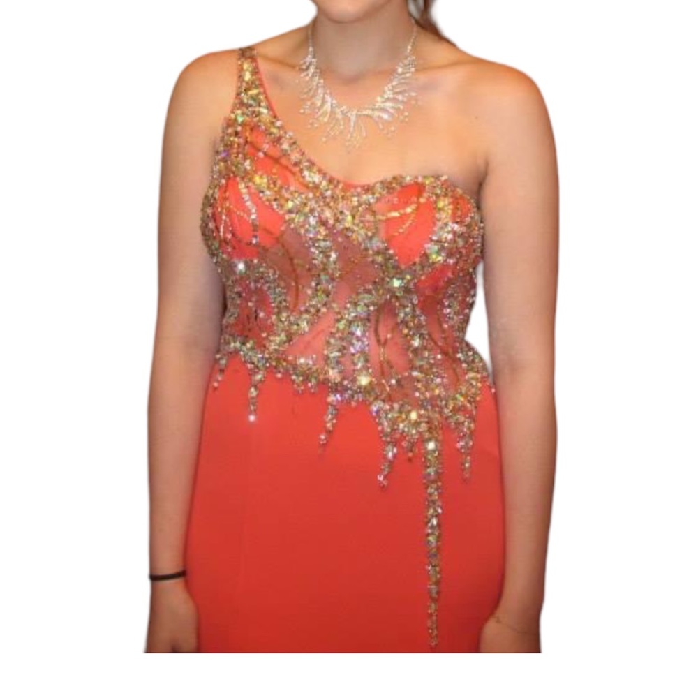 JVN by Jovani 91220 Coral Long Fitted Sheer One Shoulder Gown, Size 6 - Picture 2 of 8